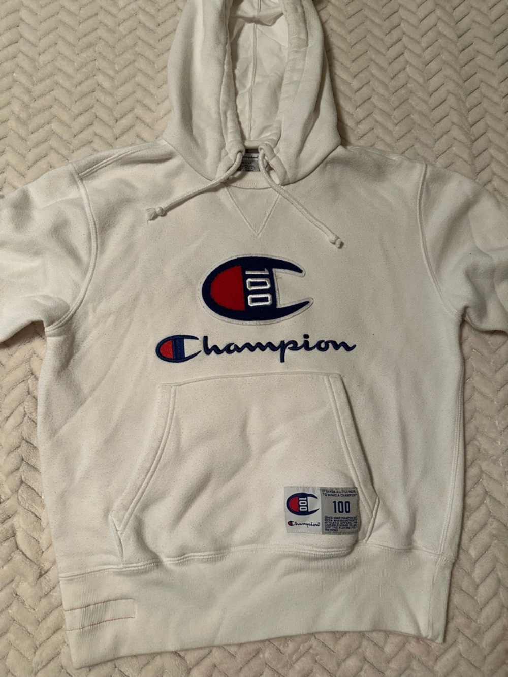 Champion 100 Anniversary White Hoodie with Navy & Red Logo Embroidery Size Small